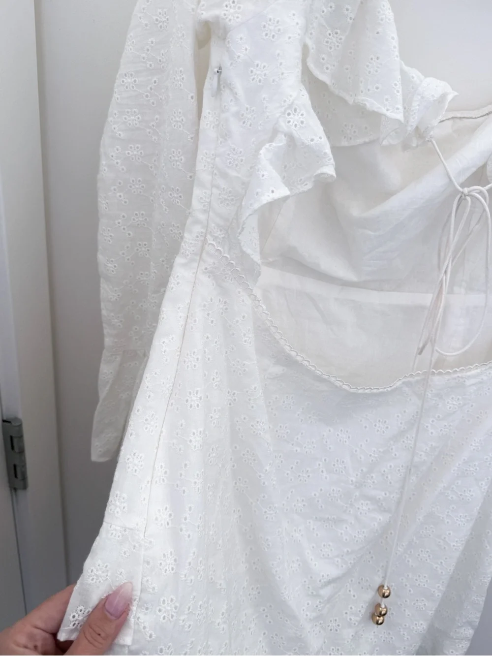 SABO LUXE White Eyelet Ruffle Mini Dress | Open Back | 100% Cotton | Size L - Picture 6 of 13